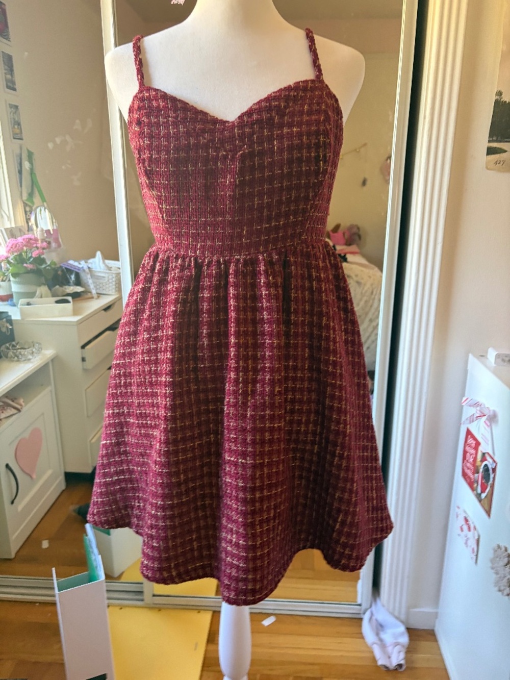 Style U Burgundy Tweed Plaid Mini Dress - Gold Metallic Detail Small